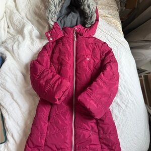 Calvin Klein Jeans Fuchsia Puffer Coat with Faux Fur Hood